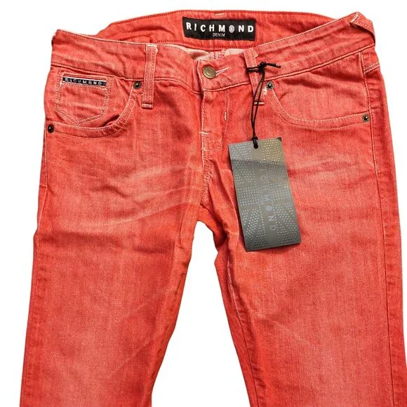 John Richmond Red Denim Capri Cropped Jeans Sz 28 NWT - Picture 2 of 11